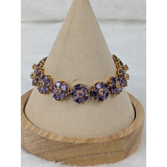 DBJ 10K Gold Plated CZ Purple Floral Link Bracelet 7